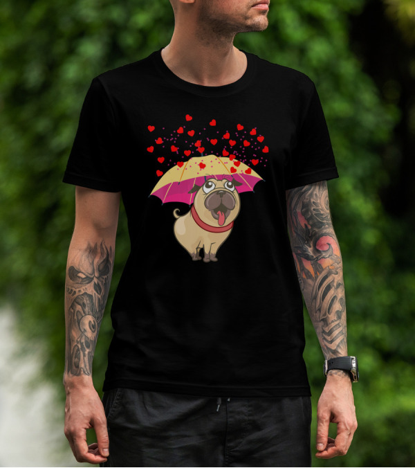 Cute Pug Dog Under Heart Umbrella Valentines Day Pug Lover T-Shirt