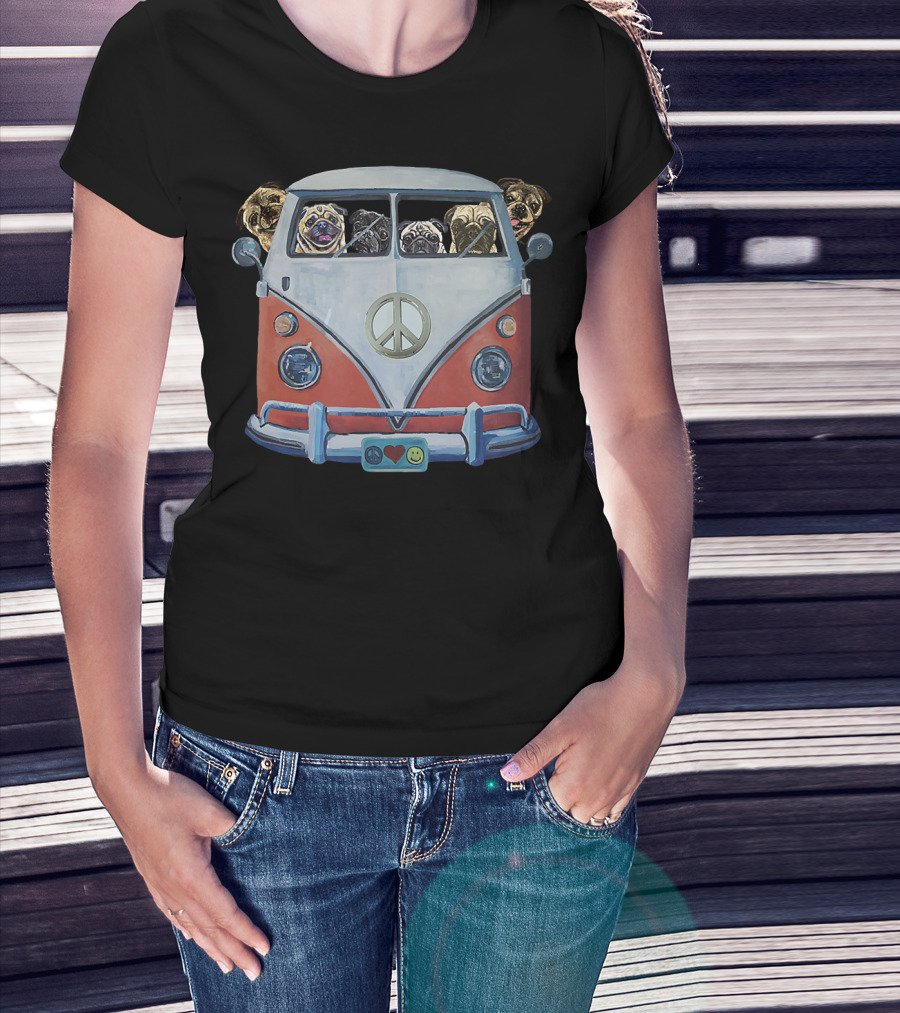Pug Hippie Van Peace Love Funny Pug T-Shirt