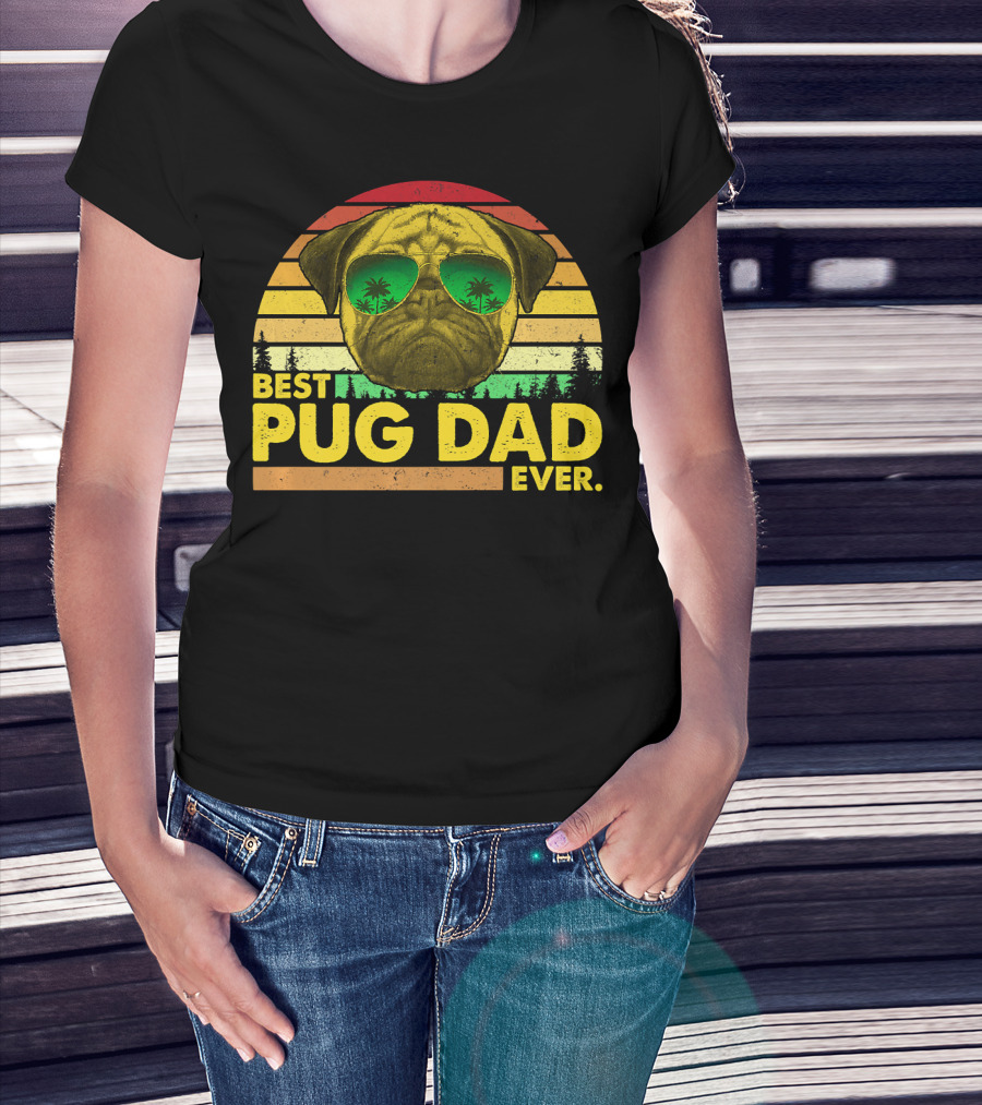 Best Pug Dad Ever Sunglasses Vintage Sunset T-Shirt