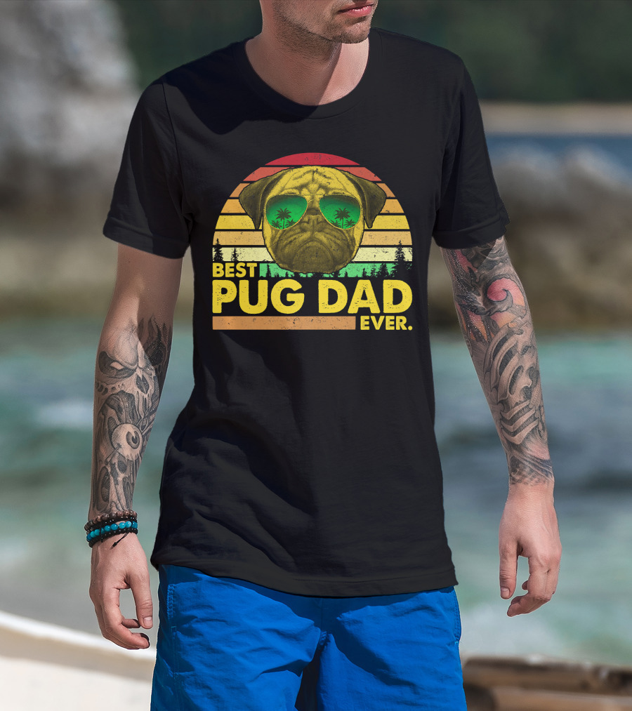 Best Pug Dad Ever Sunglasses Vintage Sunset T-Shirt