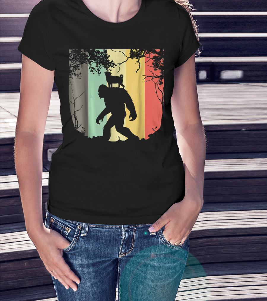 Pug Riding Bigfoot Vintage Retro Sunset Stripes T-Shirt