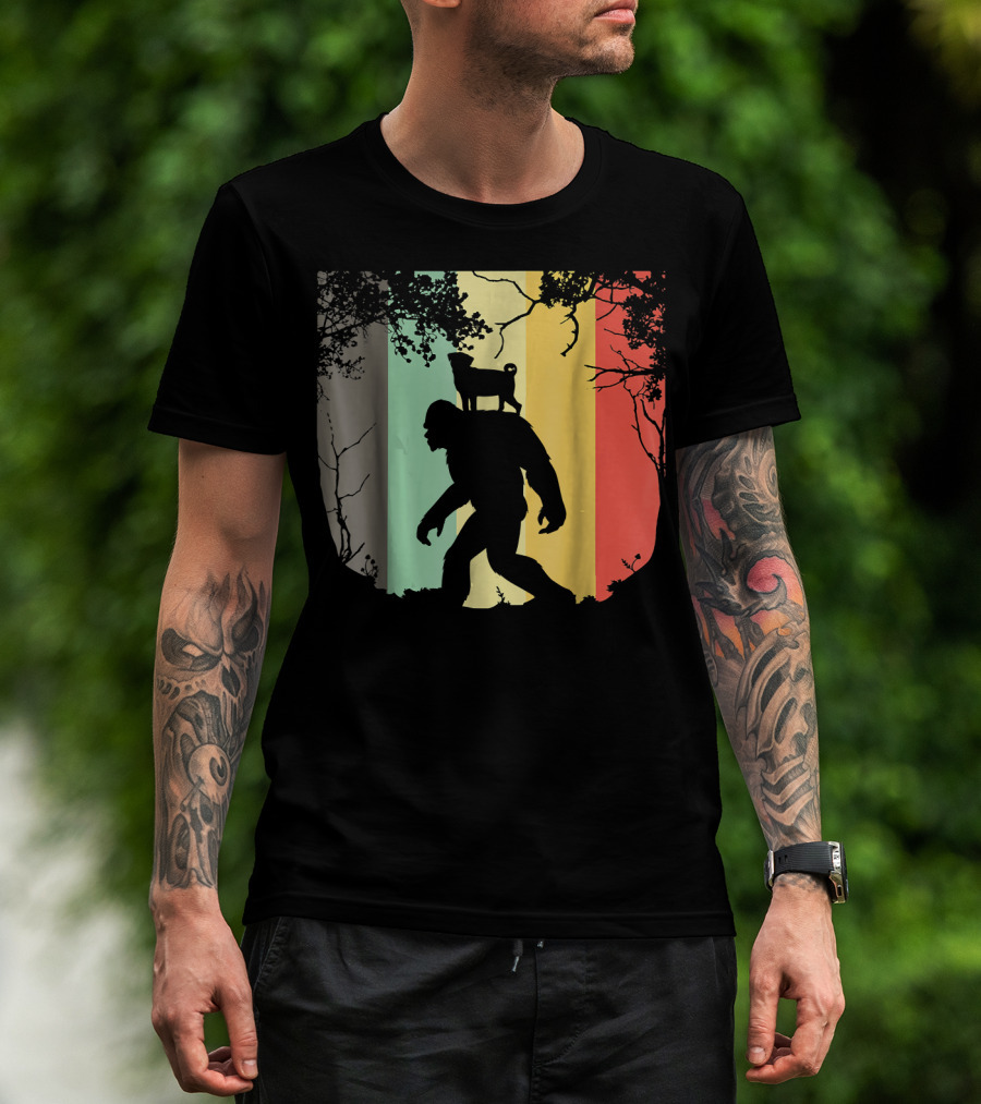Pug Riding Bigfoot Vintage Retro Sunset Stripes T-Shirt