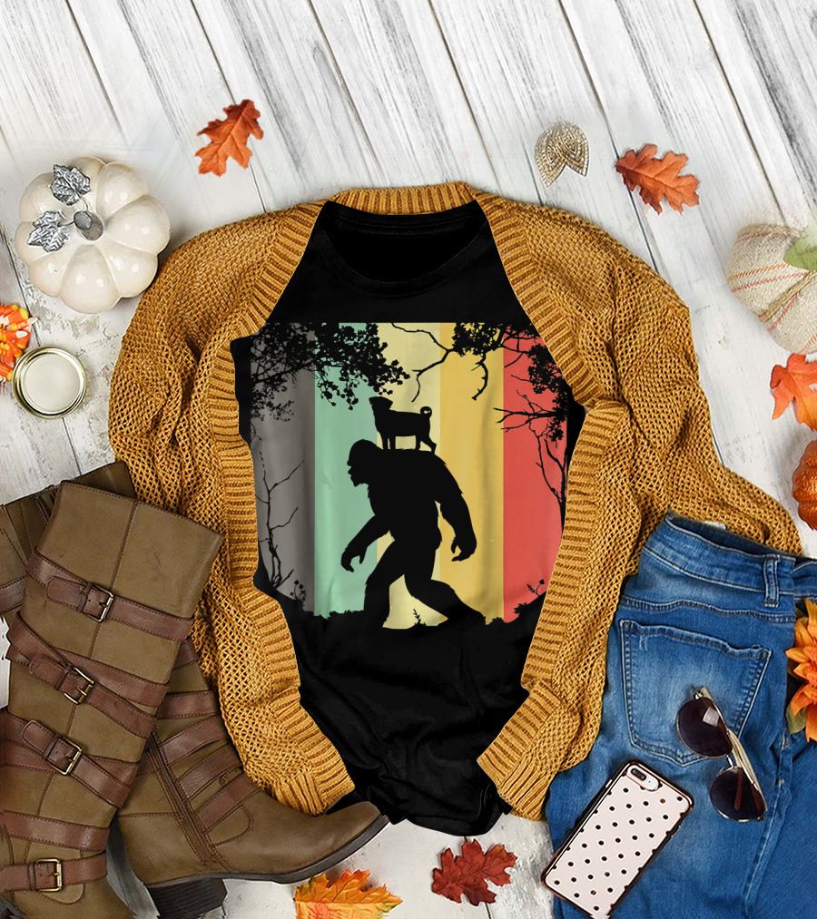Pug Riding Bigfoot Vintage Retro Sunset Stripes T-Shirt