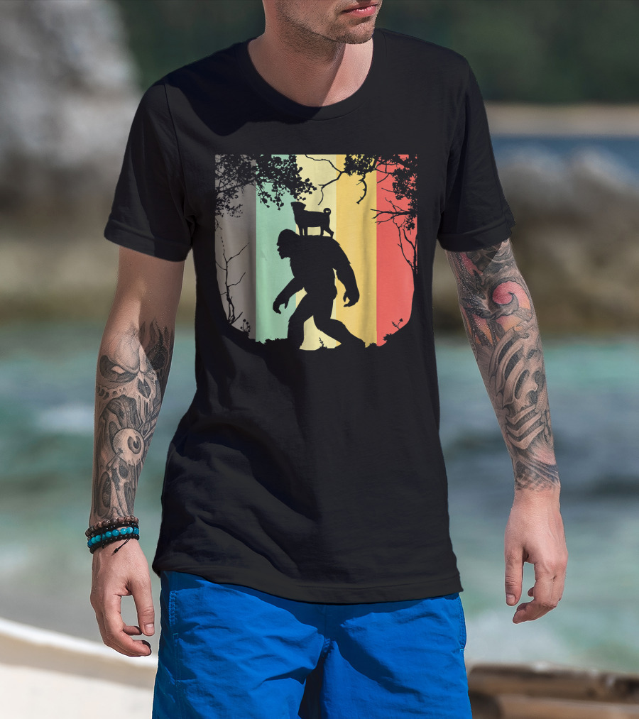 Pug Riding Bigfoot Vintage Retro Sunset Stripes T-Shirt