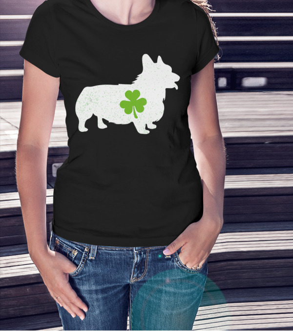 Corgi Silhouette With Green Clover Irish T-Shirt