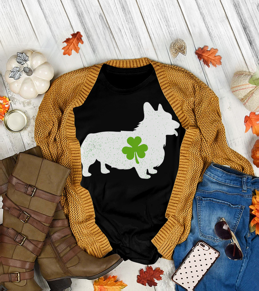 Corgi Silhouette with Green Clover Irish T-Shirt
