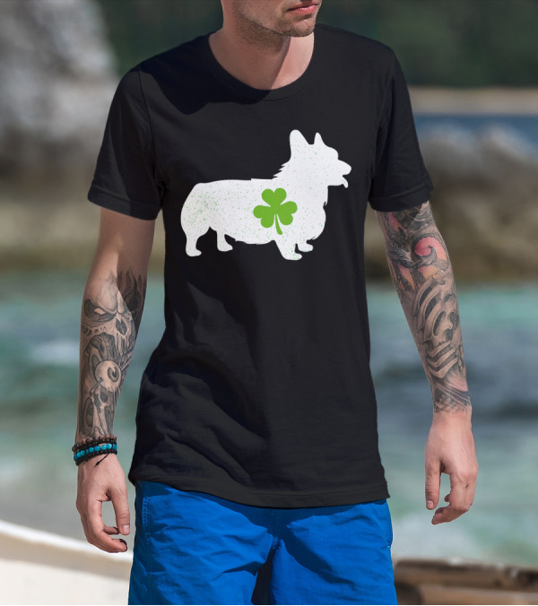 Corgi Silhouette With Green Clover Irish T-Shirt