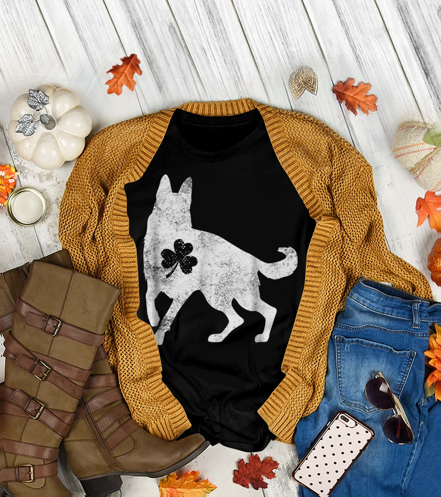German Shepherd Silhouette Irish Clover St Patrick's Day Dog T-Shirt