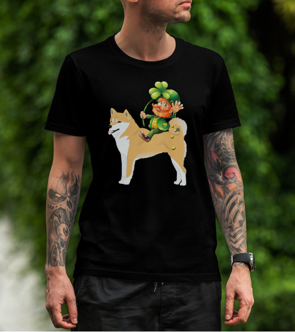 Leprechaun On Shiba Inu With Shamrock Rider T-Shirt