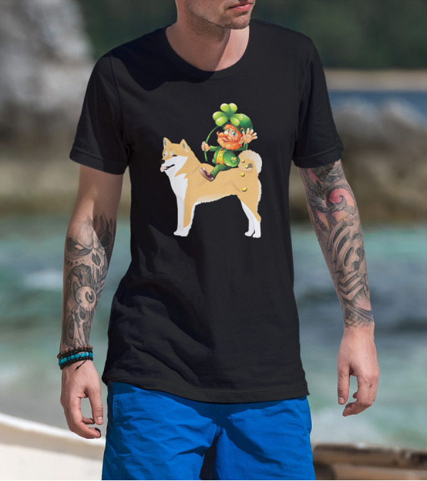 Leprechaun On Shiba Inu With Shamrock Rider T-Shirt