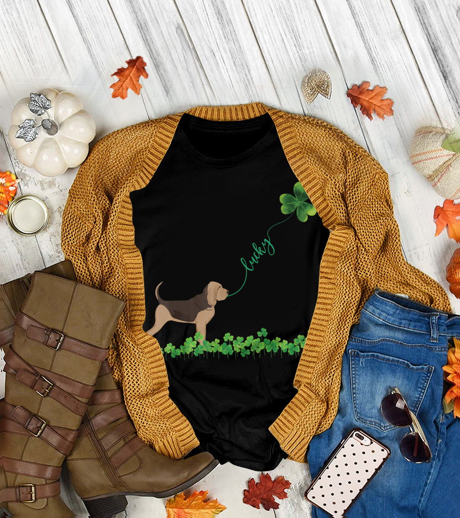 Lucky Bloodhound Dog with Shamrock St Patrick Day T-Shirt