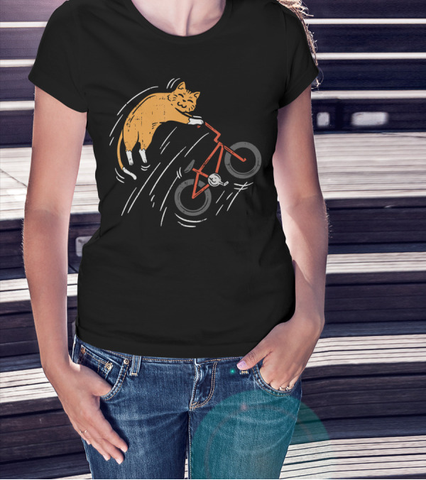 Orange Cat Riding Bicycle In Motion T-Shirt