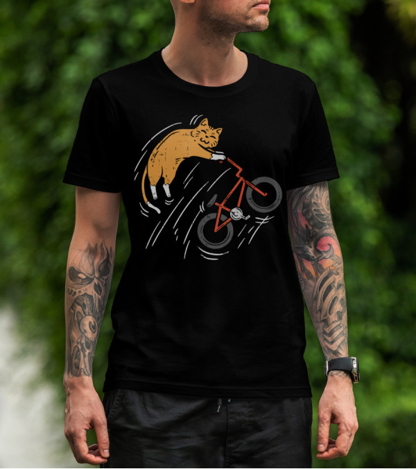 Orange Cat Riding Bicycle In Motion T-Shirt