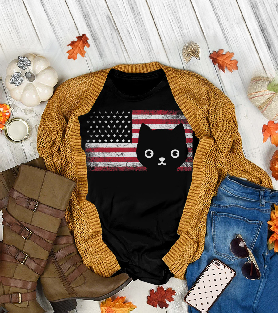 American Flag Cat Lover Meowica USA July 4th Fur T-Shirt