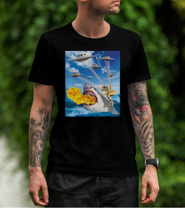 Cat Riding Fire Breathing Shark With UFO Rainbow Lasers And Taco T-Shirt