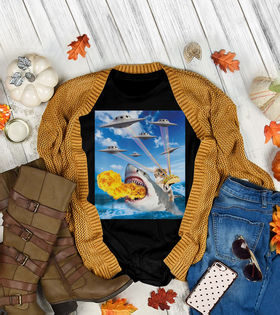Cat Riding Fire Breathing Shark with UFO Rainbow Lasers and Taco T-Shirt