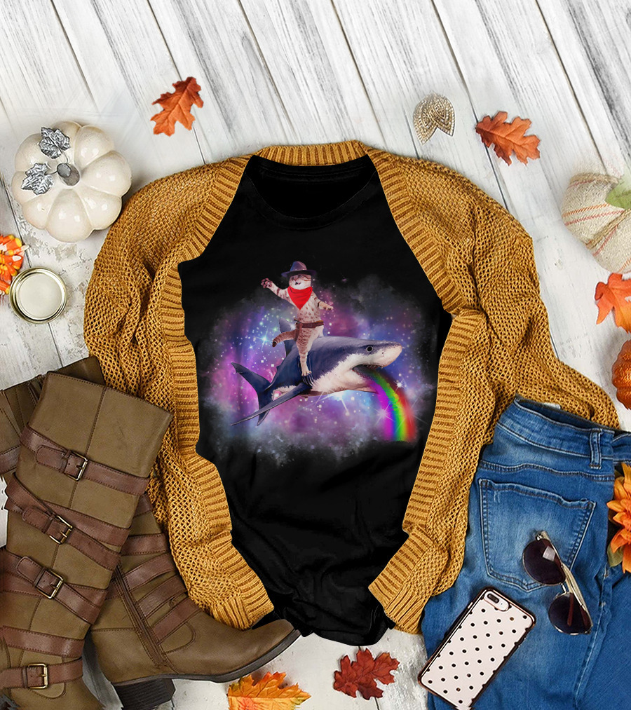 Space Cat Cowboy Riding Rainbow Shark in Galaxy T-Shirt