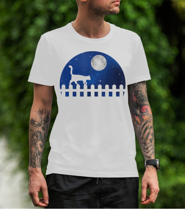 Cat Cat Moon Night Sky Walking Fence T-Shirt