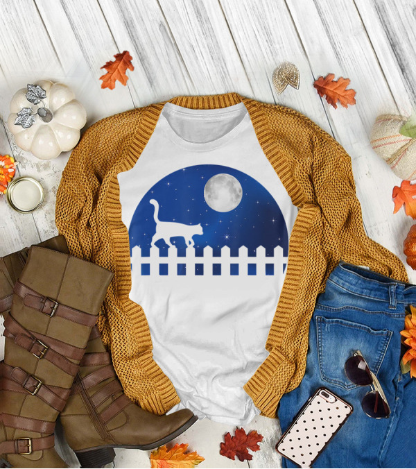 Cat Cat Moon Night Sky Walking Fence T-Shirt