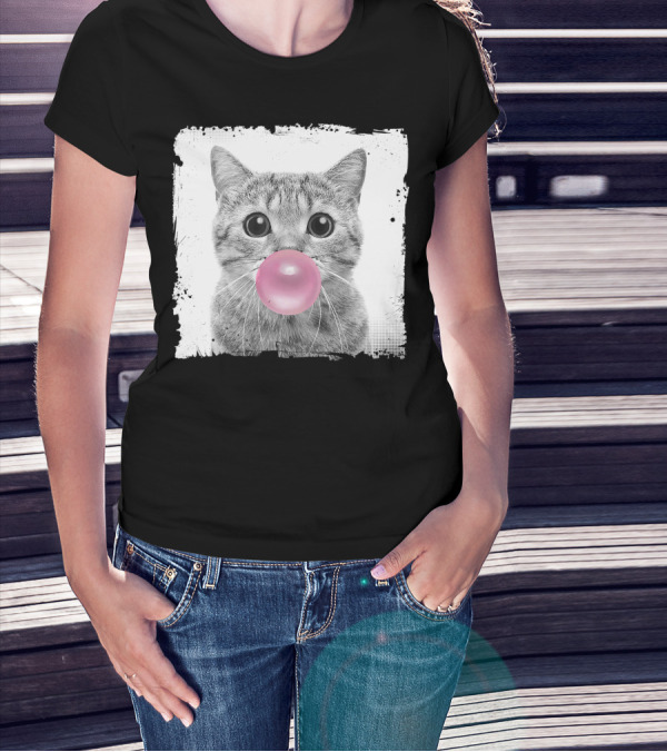Cute Cat Blowing Pink Bubble Gum For Animal Lover Black And White Sketch T-Shirt