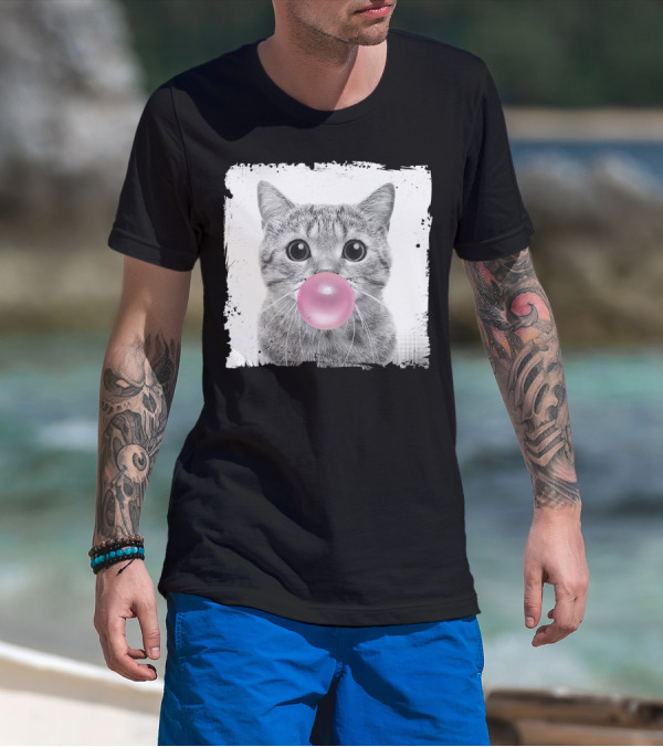 Cute Cat Blowing Pink Bubble Gum For Animal Lover Black And White Sketch T-Shirt
