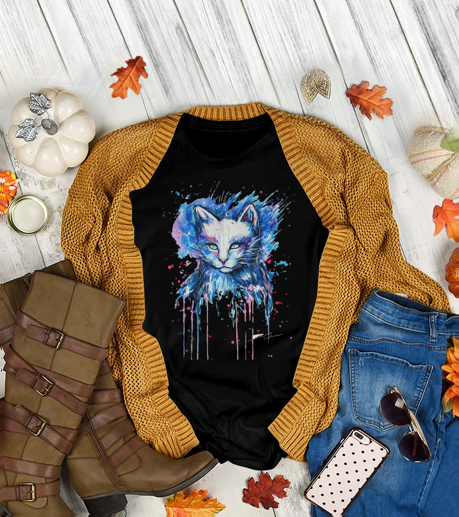 Cute Cat Cosmic Splash Watercolor T-Shirt