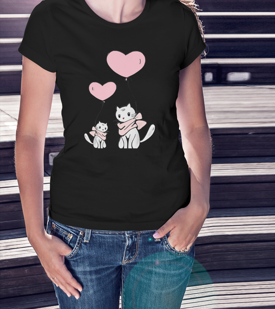 CUTE CATS Wearing Scarves Holding Pink Heart Balloons T-Shirt