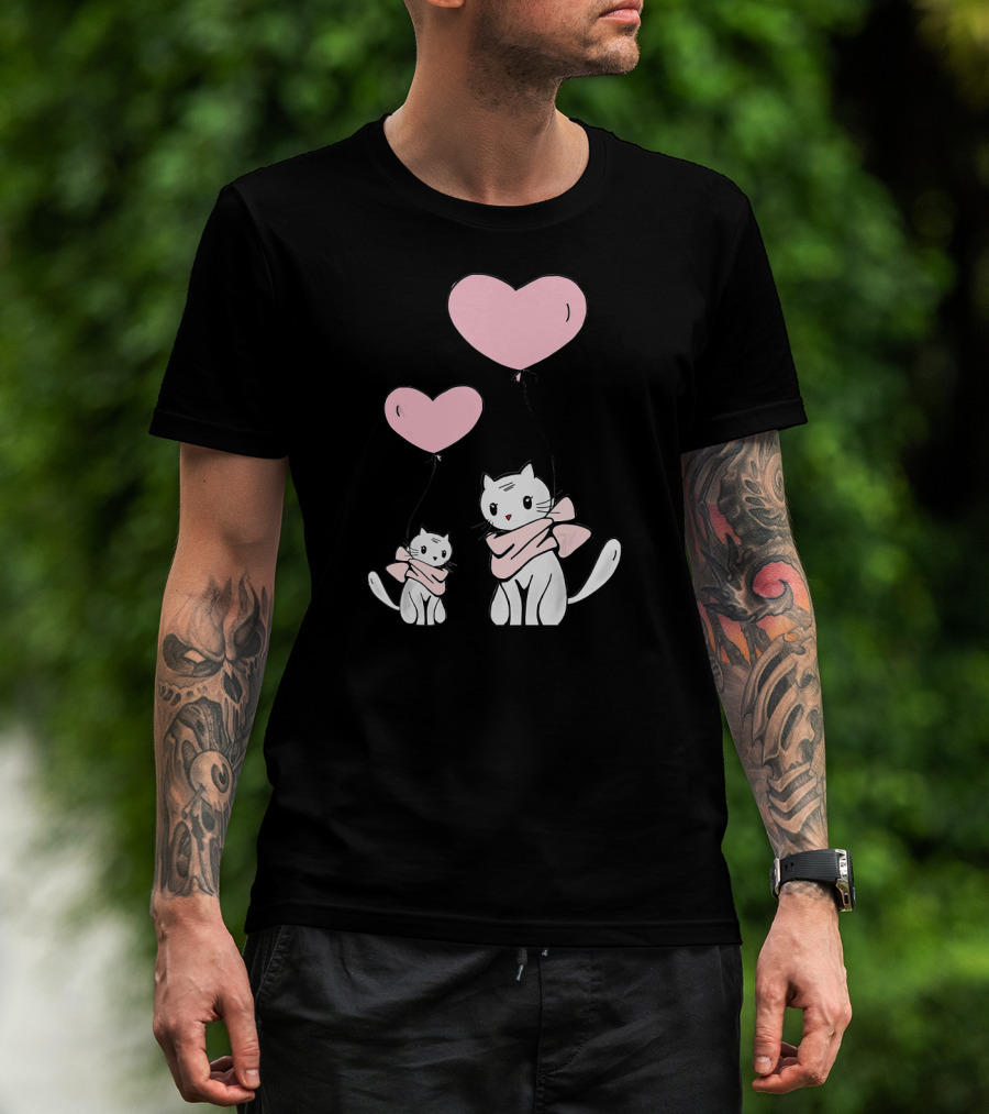 CUTE CATS Wearing Scarves Holding Pink Heart Balloons T-Shirt