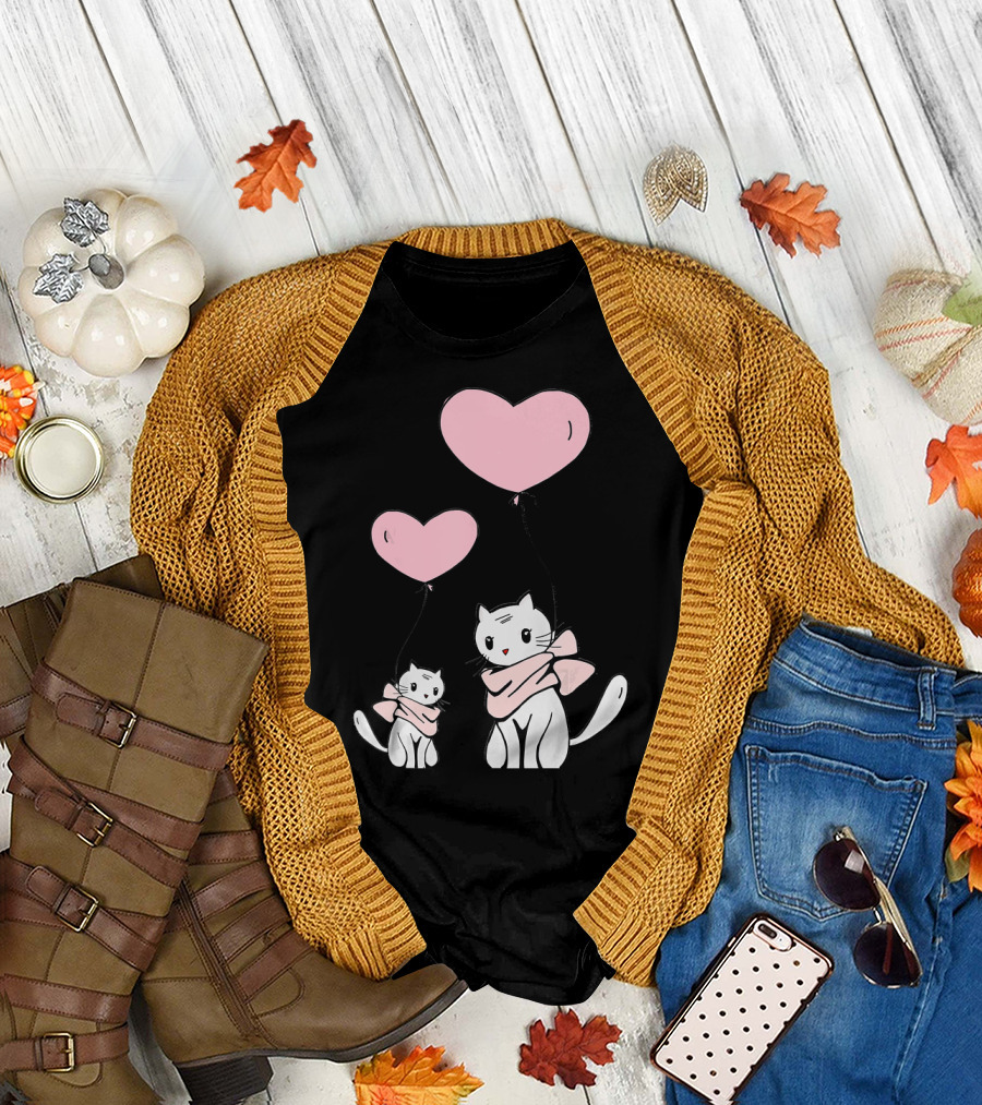 CUTE CATS Wearing Scarves Holding Pink Heart Balloons T-Shirt