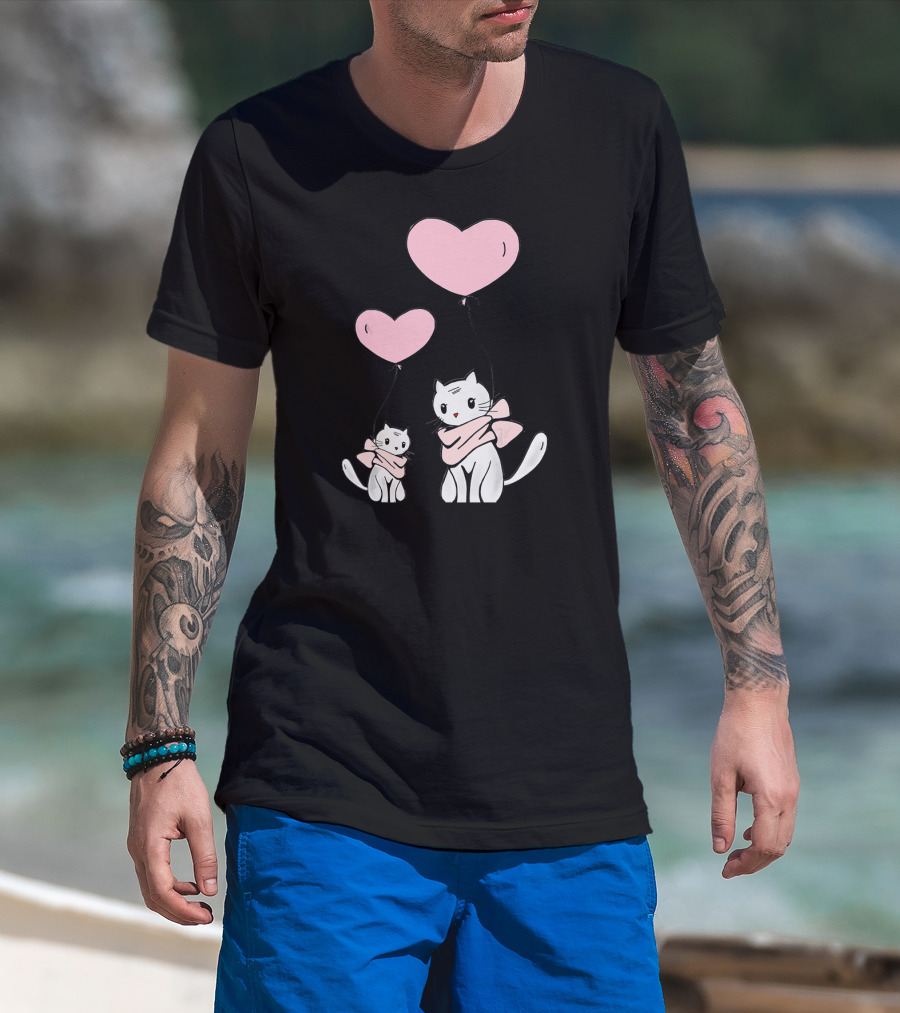 CUTE CATS Wearing Scarves Holding Pink Heart Balloons T-Shirt