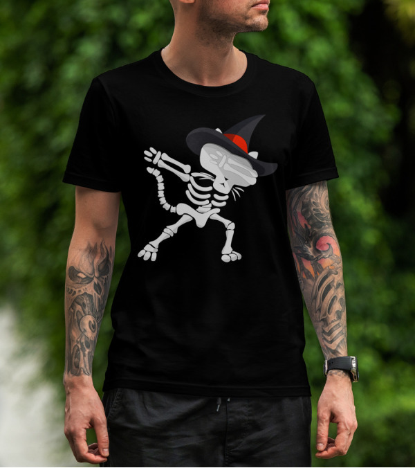 Dabbing Cat Skeleton With Witch Hat T-Shirt