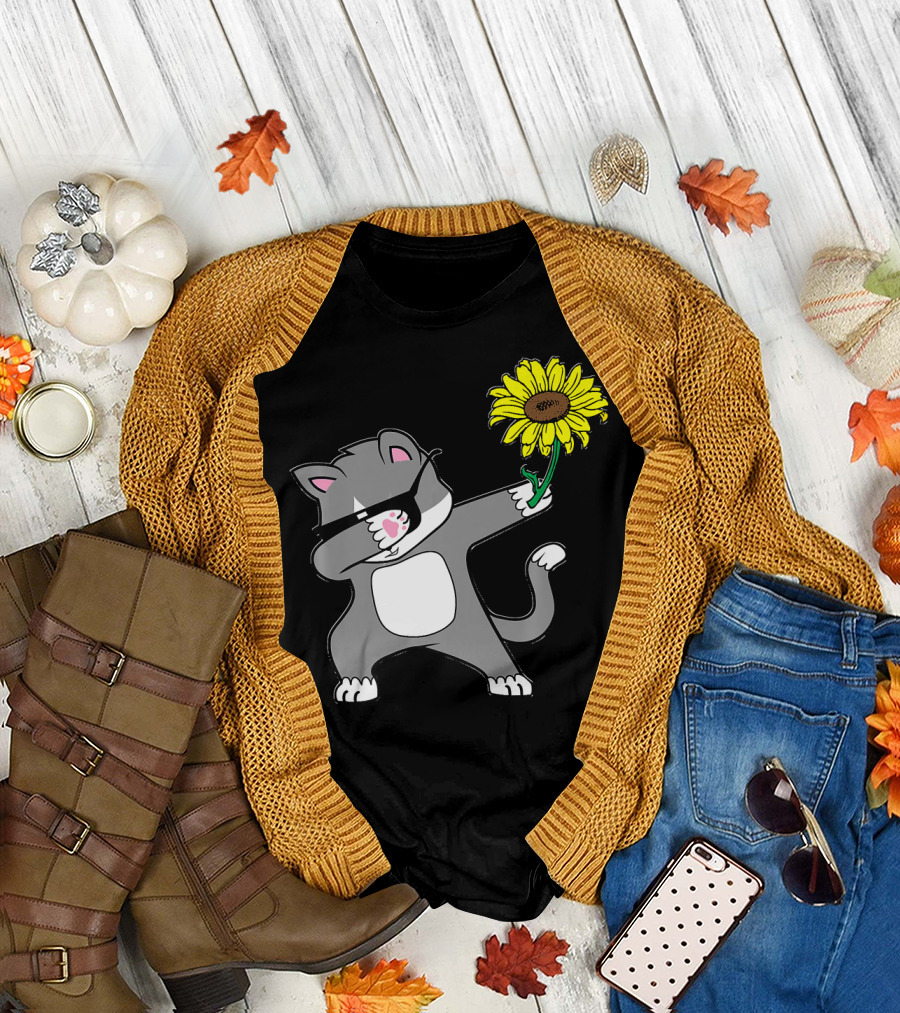 Dabbing Kitty Cat Sunflower Autism Awareness Iconic Symbols T-Shirt