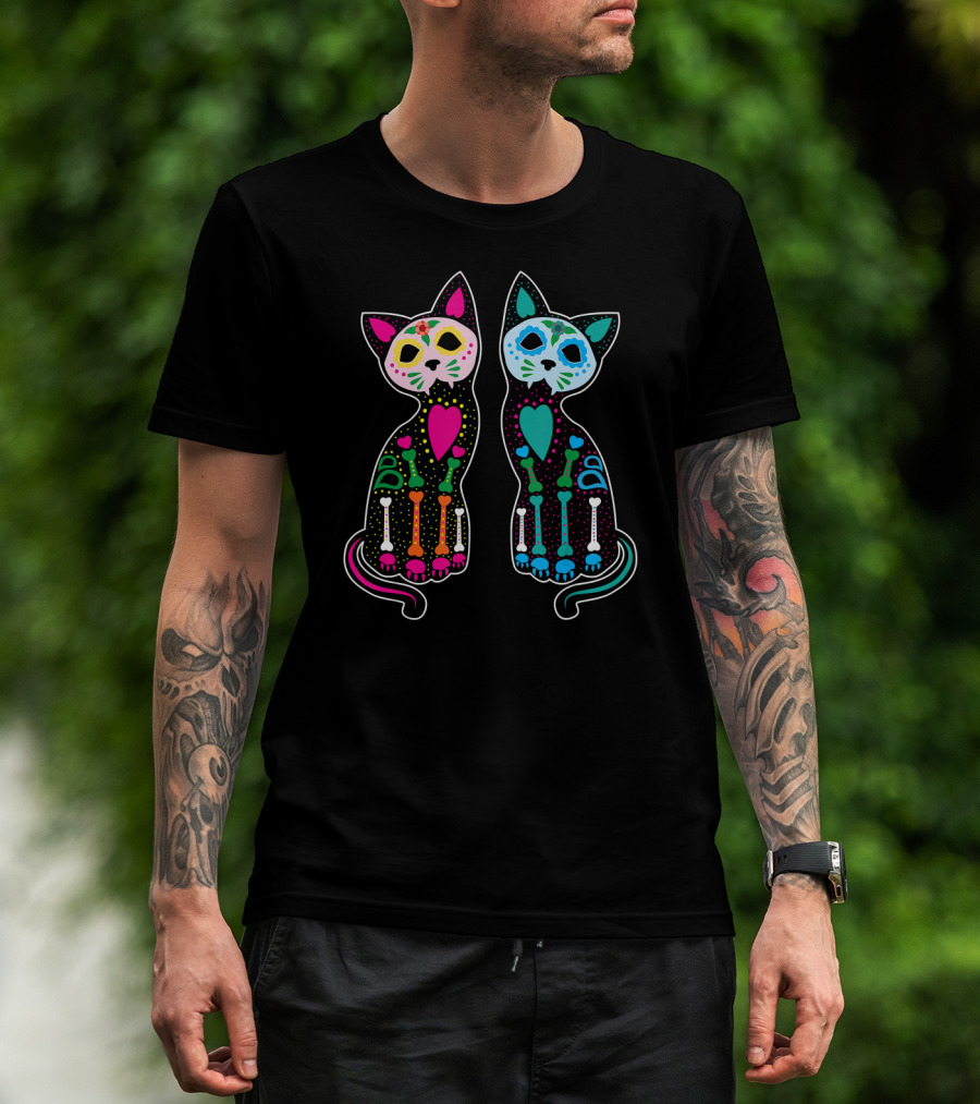 Day Of The Dead Sugar Skull Skeleton Cats T-Shirt