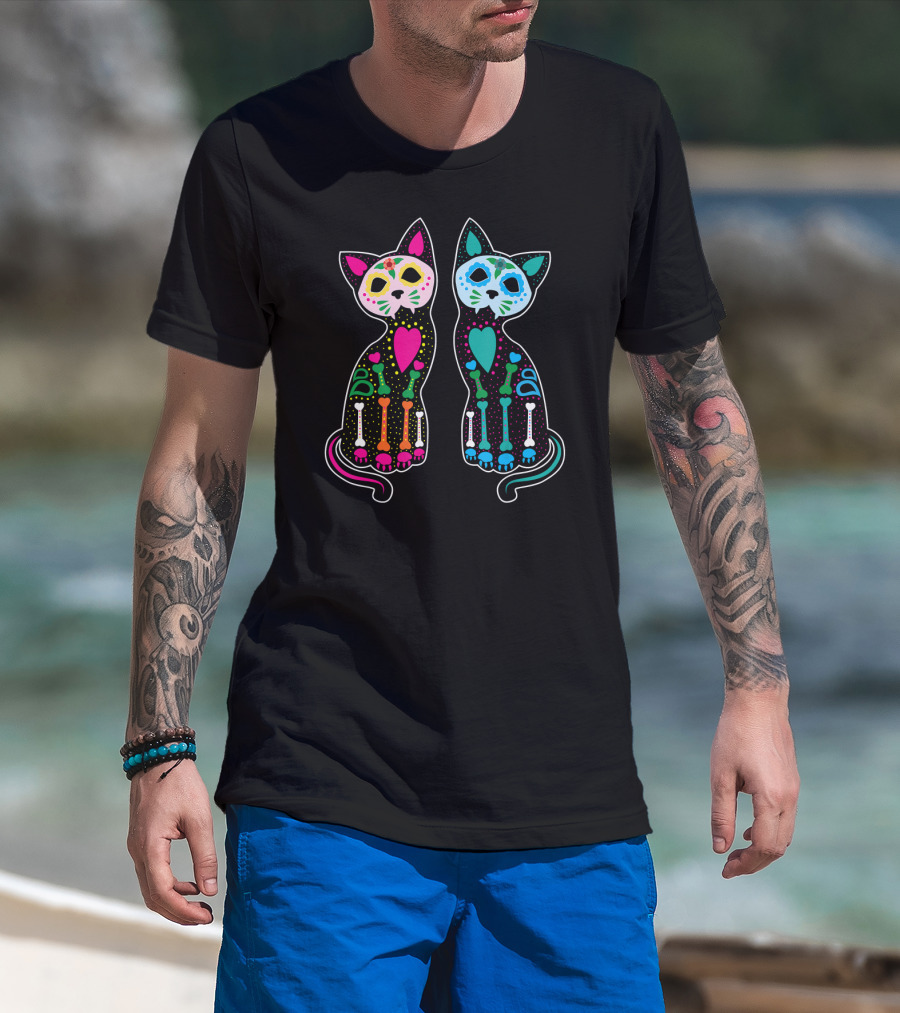 Day Of The Dead Sugar Skull Skeleton Cats T-Shirt