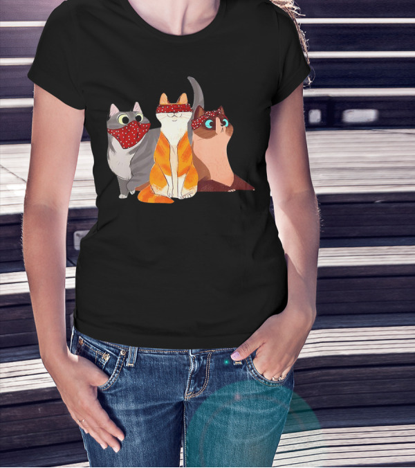 Polka Dot Bandana-Wearing Funny Cats Trio For Lovers T-Shirt