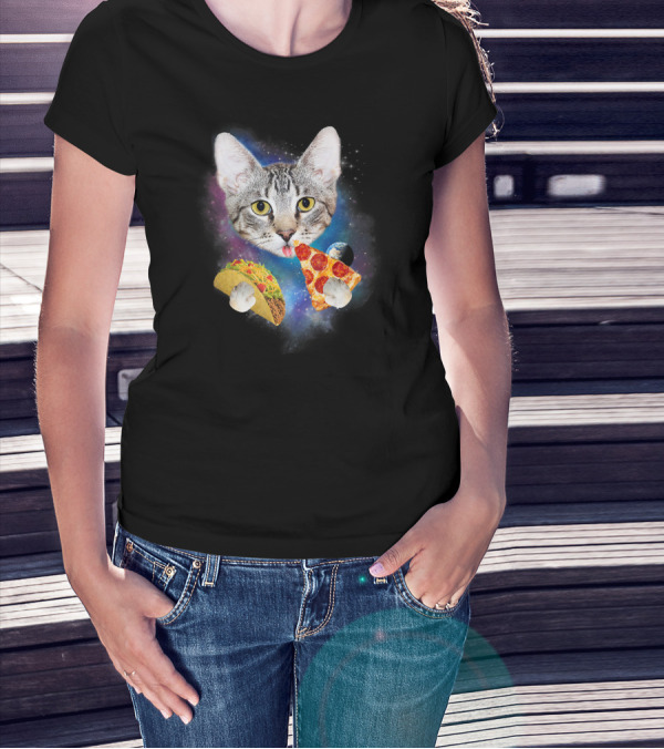 Funny Space Cat Eating Pizza And Taco In Galaxy T-Shirt
