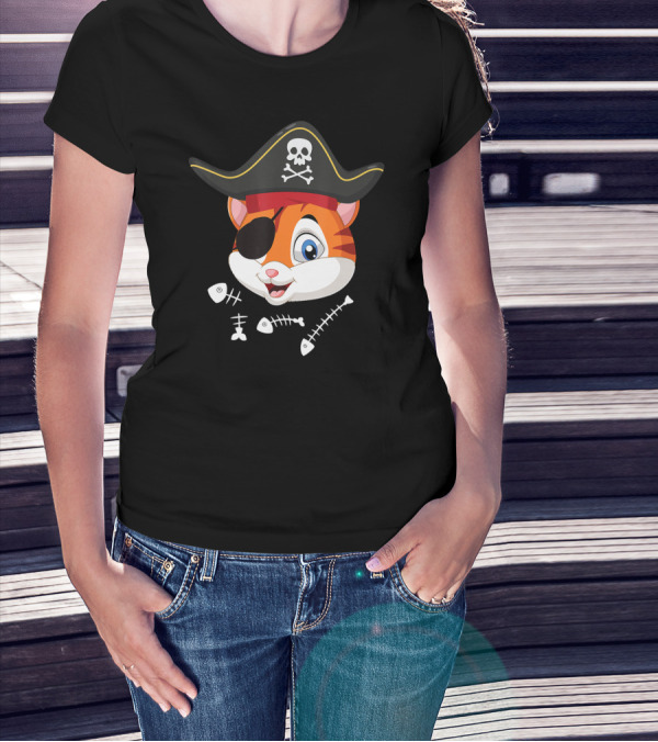 Halloween Pirate Cat With Eyepatch And Fish Bones T-Shirt