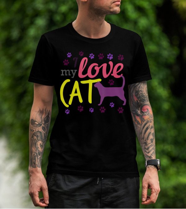 I Love My Cat Feline Owner Cute Pet Purple Paw Prints T-Shirt