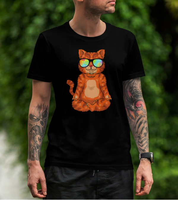 Meditating Cat In Colorful Sunglasses Yoga Pose Cute Drawing T-Shirt