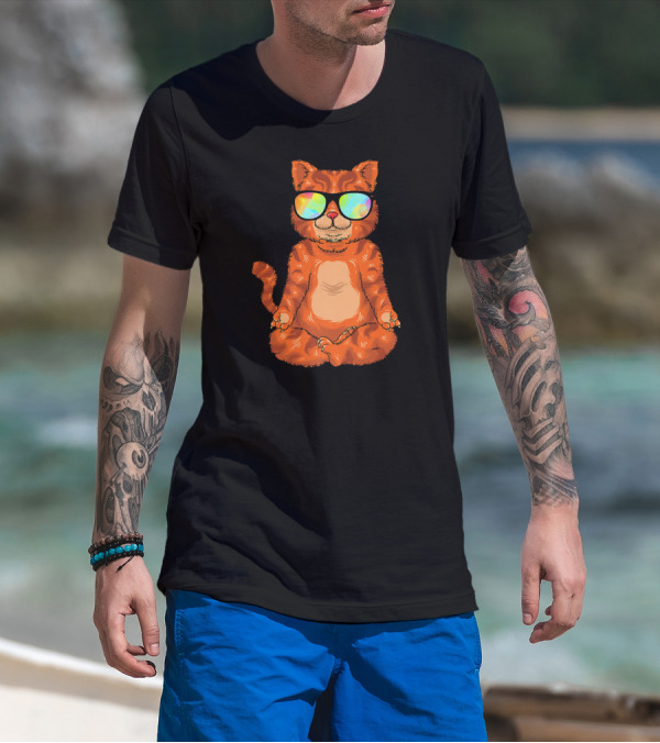 Meditating Cat In Colorful Sunglasses Yoga Pose Cute Drawing T-Shirt