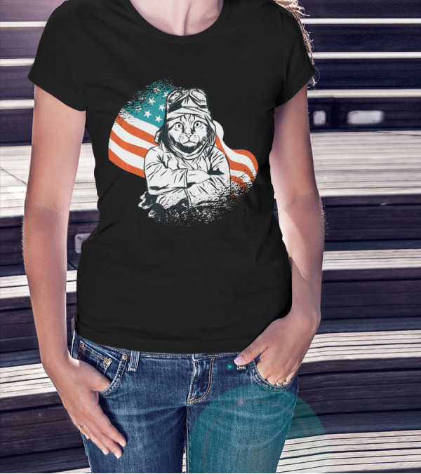 Patriotic Cat Aviator With American Flag For Cat Lovers T-Shirt