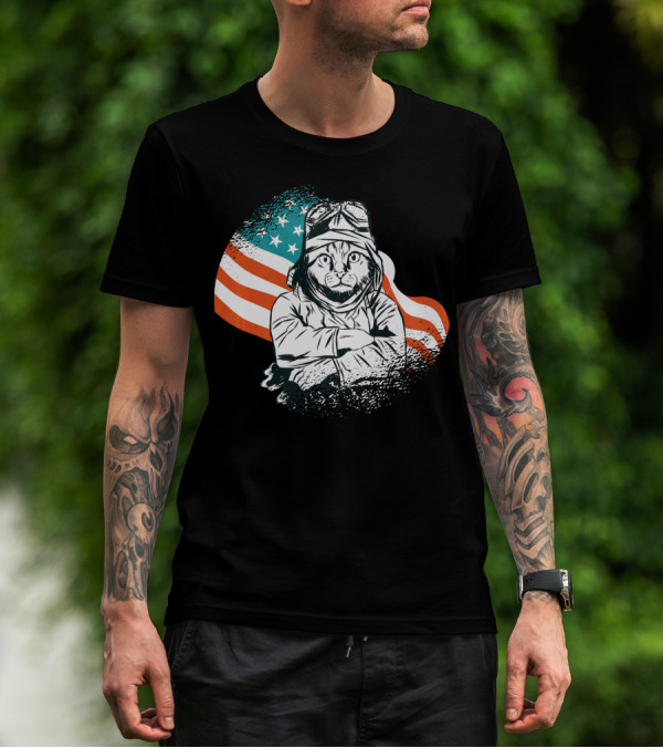Patriotic Cat Aviator With American Flag For Cat Lovers T-Shirt