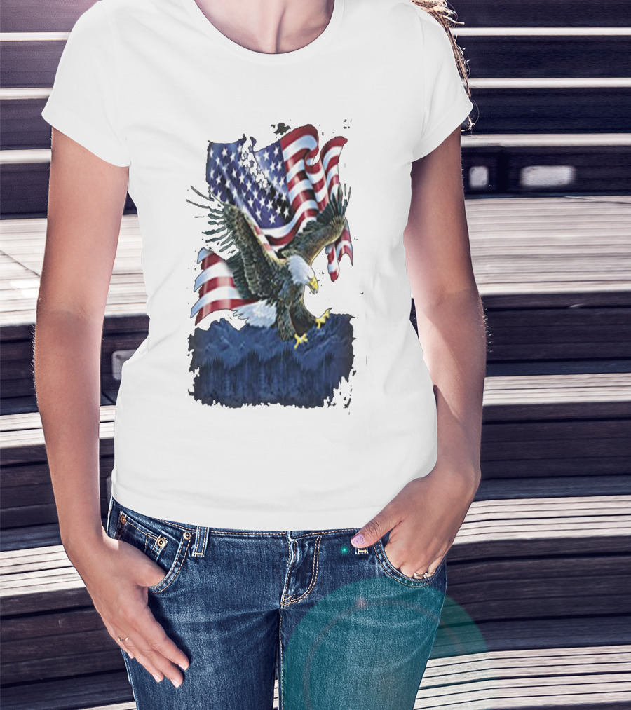 Bald Eagle Over Mountains With American Flag Background T-Shirt