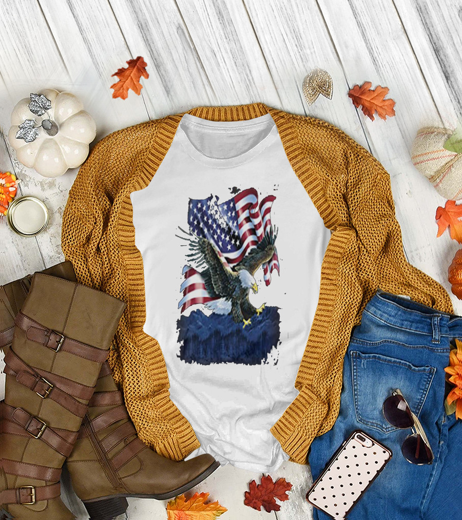 Bald Eagle Over Mountains with American Flag Background T-Shirt