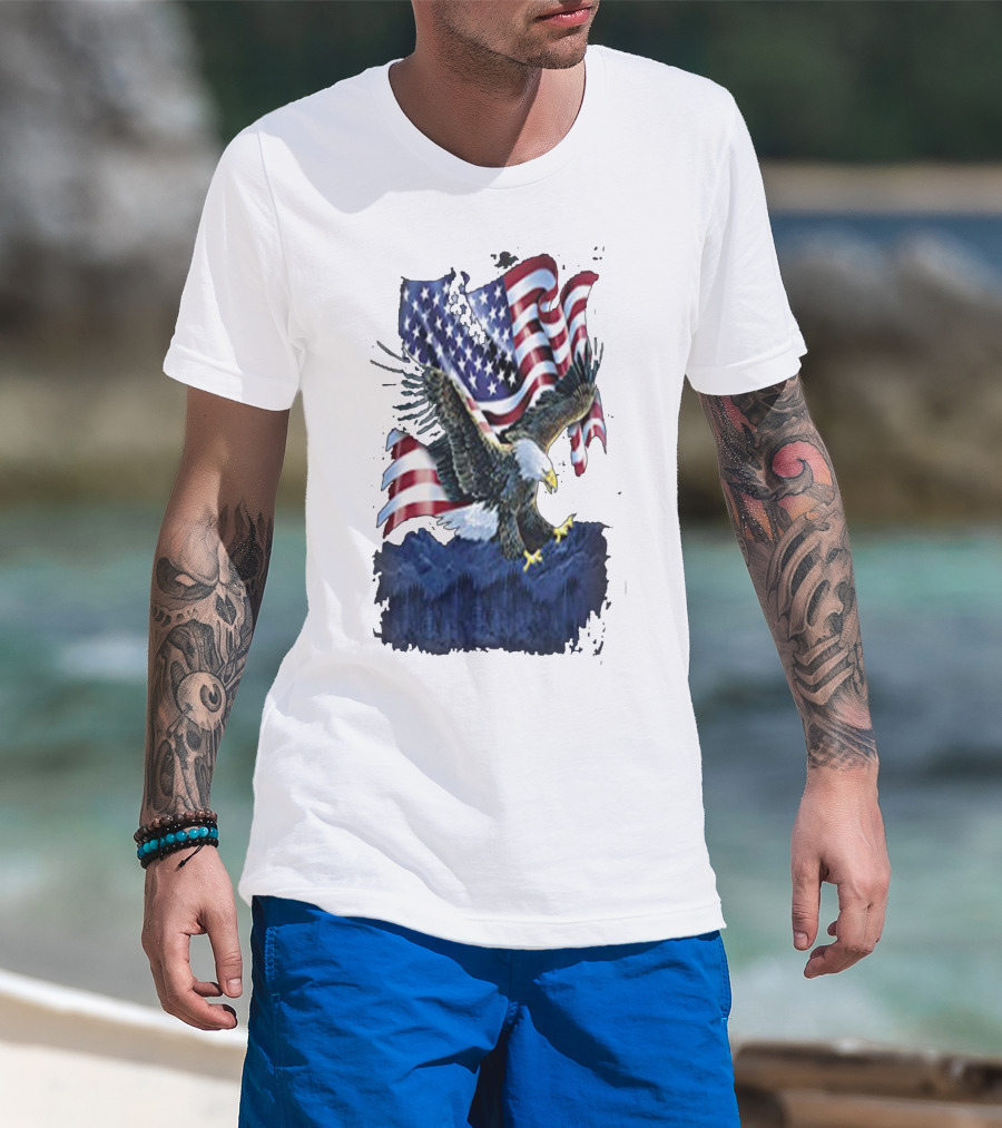 Bald Eagle Over Mountains With American Flag Background T-Shirt