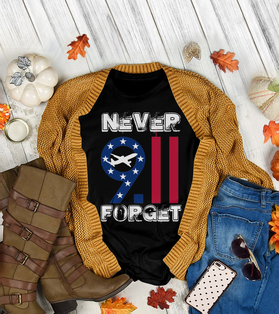 911 Never Forget 9.11 Memorial Remembrance with Stars and Airplane T-Shirt