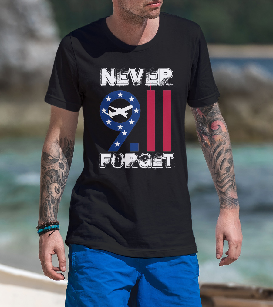911 Never Forget 9.11 Memorial Remembrance With Stars And Airplane T-Shirt