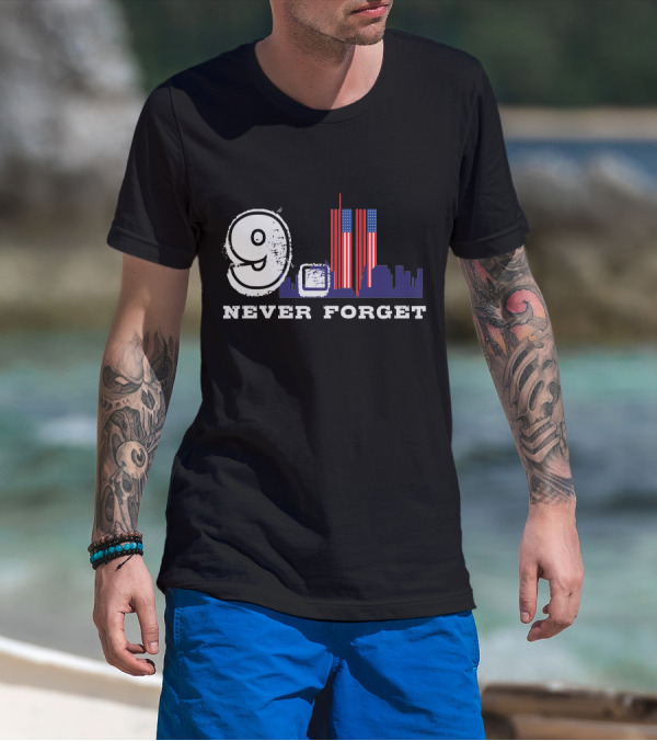 9 Never Forget Twin Towers Skyline American Flag T-Shirt