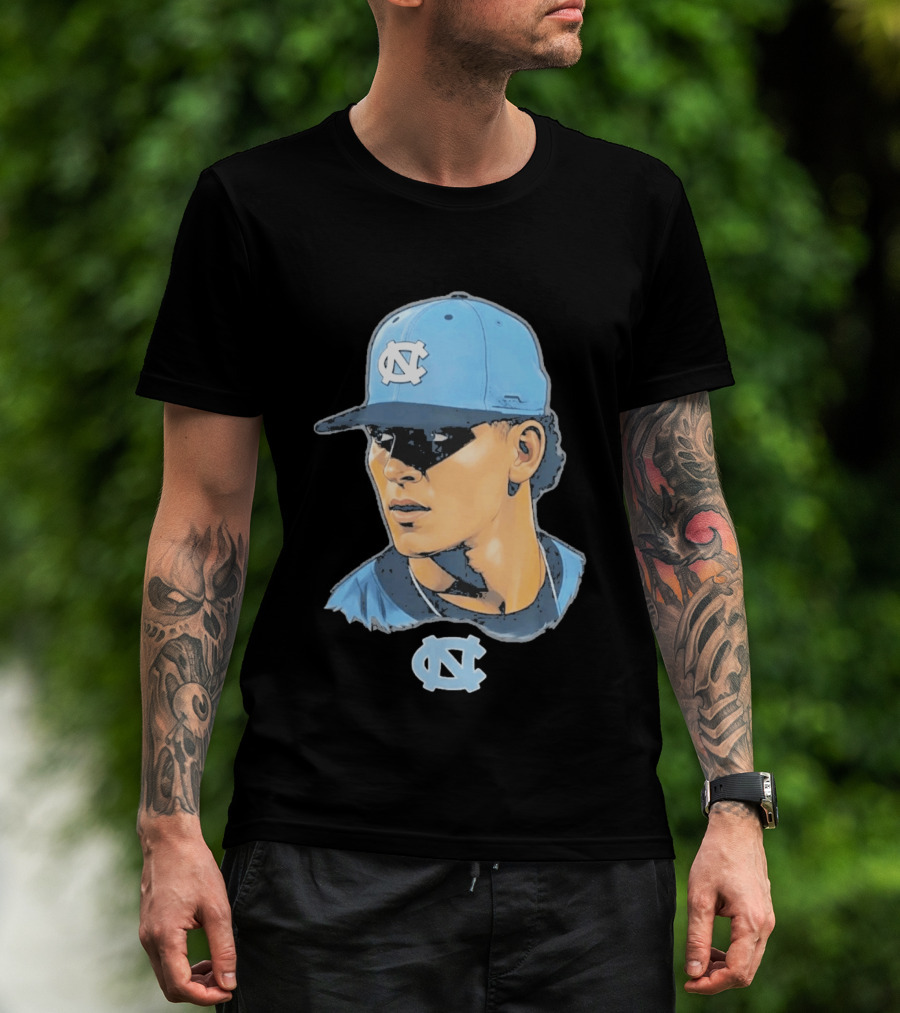 UNC Tar Heels Baseball Portrait Comic Style Navy Blue Cap T-Shirt