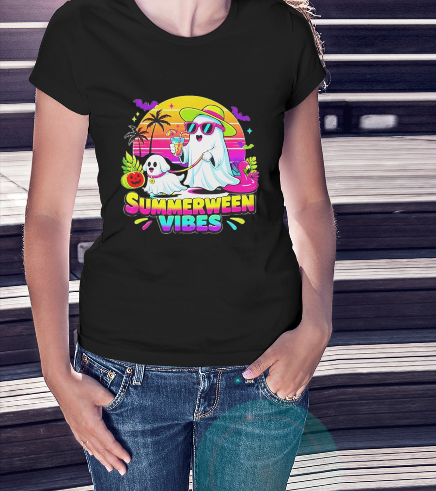 Summerween Vibes Ghost Walking Dog Retro Sunset Tropical Beach Party T-Shirt